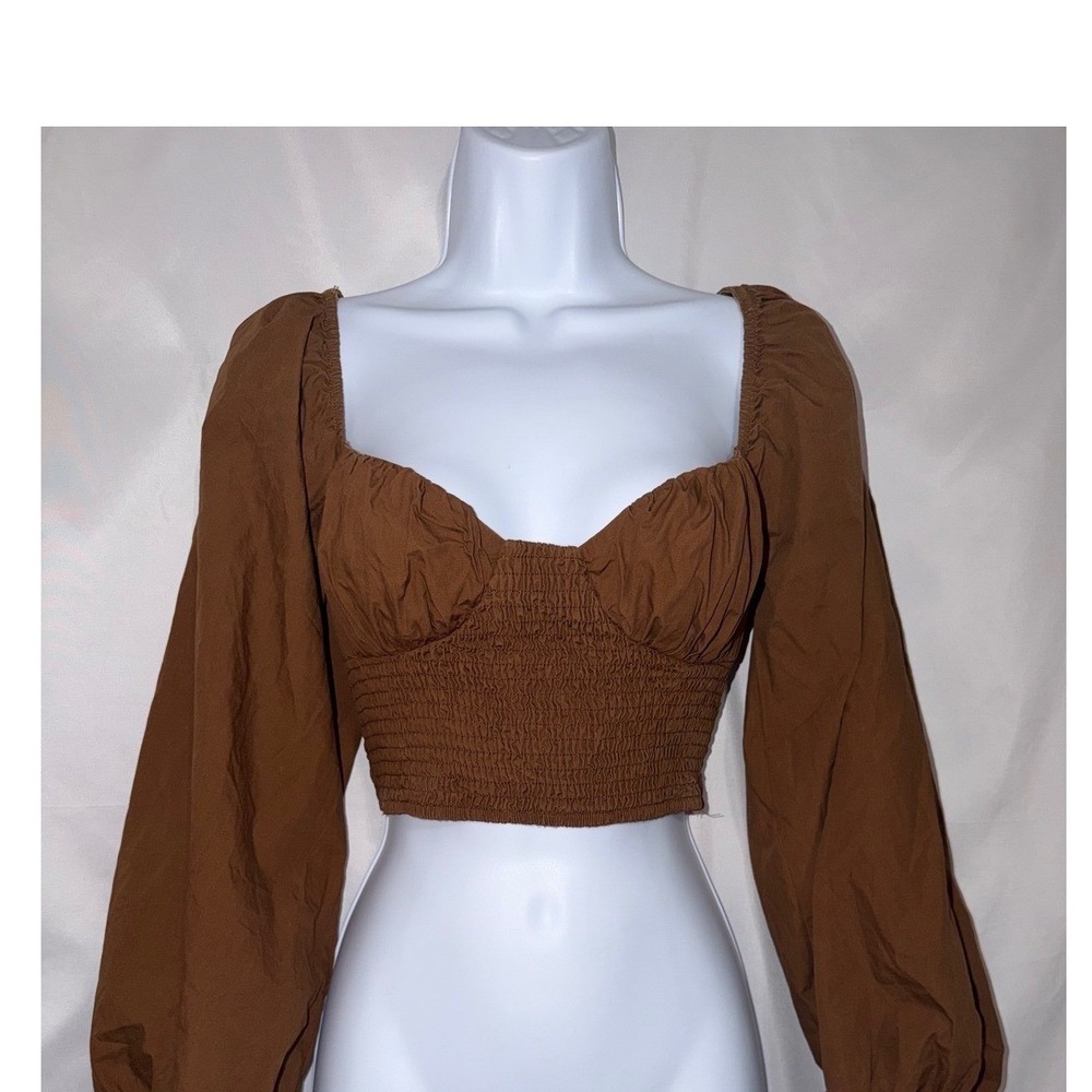 Kiss The Sky Brown Smocked Puff‎ Sleeve Crop Top Sweetheart Neck Small